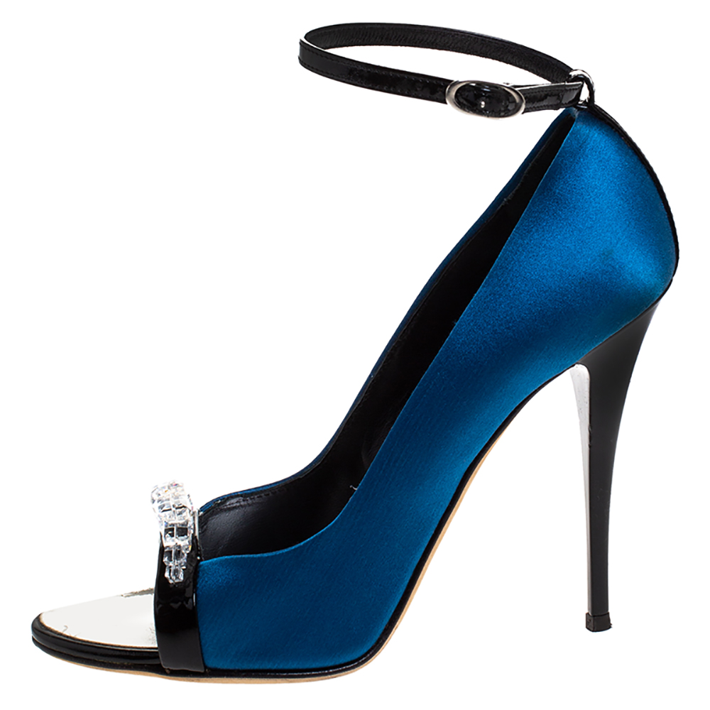 

Giuseppe Zanotti Blue Satin Crystal Embellished Peep Toe Ankle Strap Sandals Size