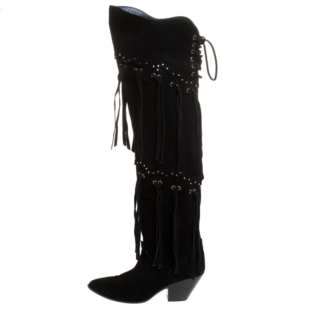 

Giuseppe Zanotti Black Suede Fringe Knee Length Boots Size