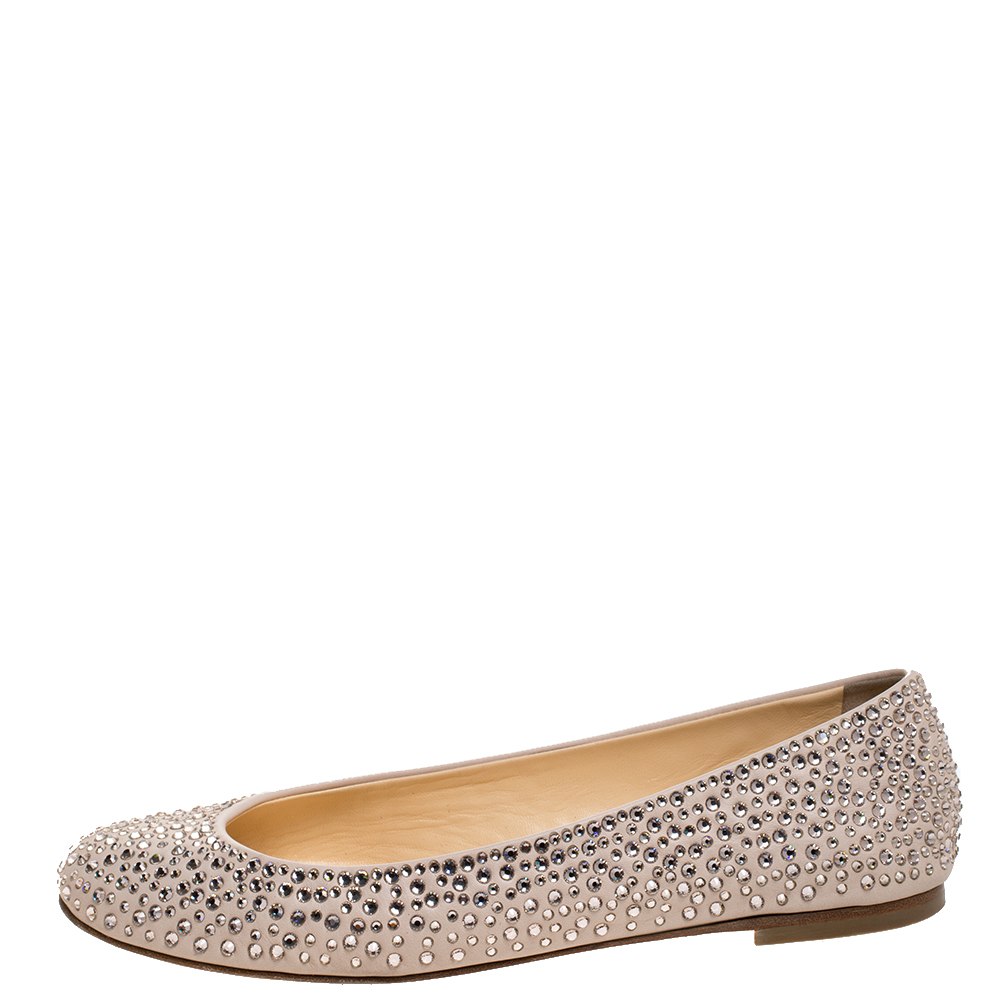 

Giuseppe Zanotti Beige Leather Crystal Embellished Ballet Flats Size