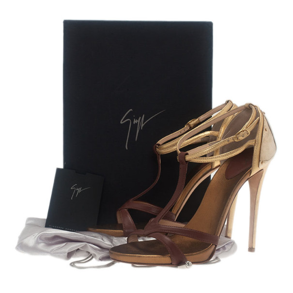 Pre-owned Giuseppe Zanotti Cognac & Gold Leather Metal Plated T-strap Sandals Size 38.5 In Brown