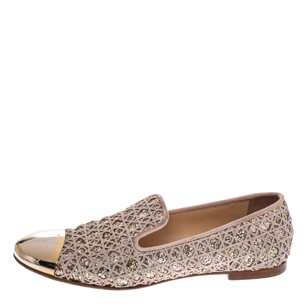 

Giuseppe Zanotti Metallic Gold Coarse Glitter Metal Cap Toe Flats Size