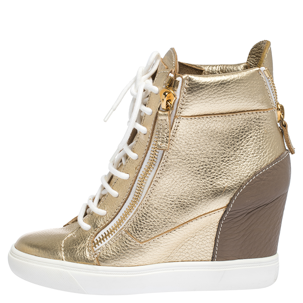 

Giuseppe Zanotti Gold Leather High Top Wedge Sneakers Size, Metallic