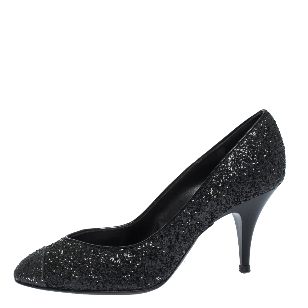 

Giuseppe Zanotti Black Glitter Olinda V Throat Pumps Size