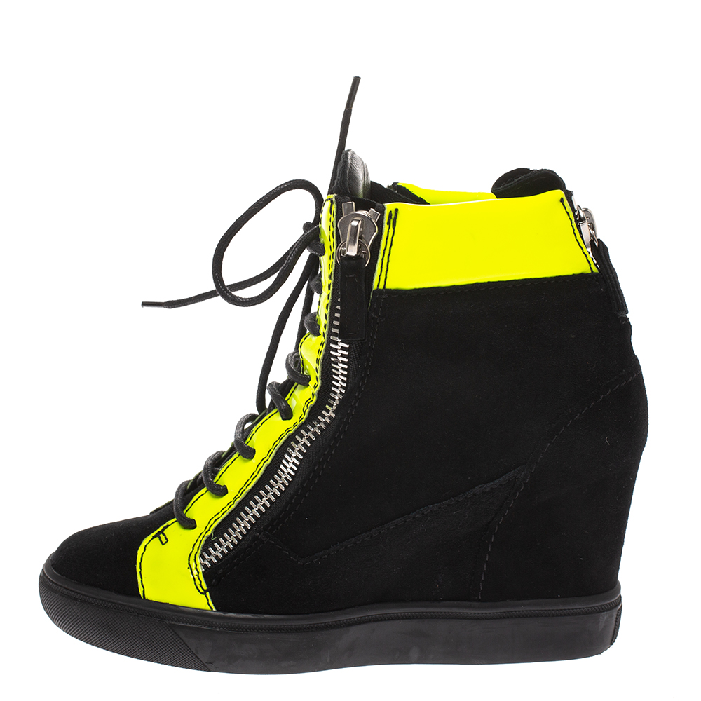 

Giuseppe Zanotti Black Suede And Fluorescent Yellow Patent High Top Wedge Sneakers Size