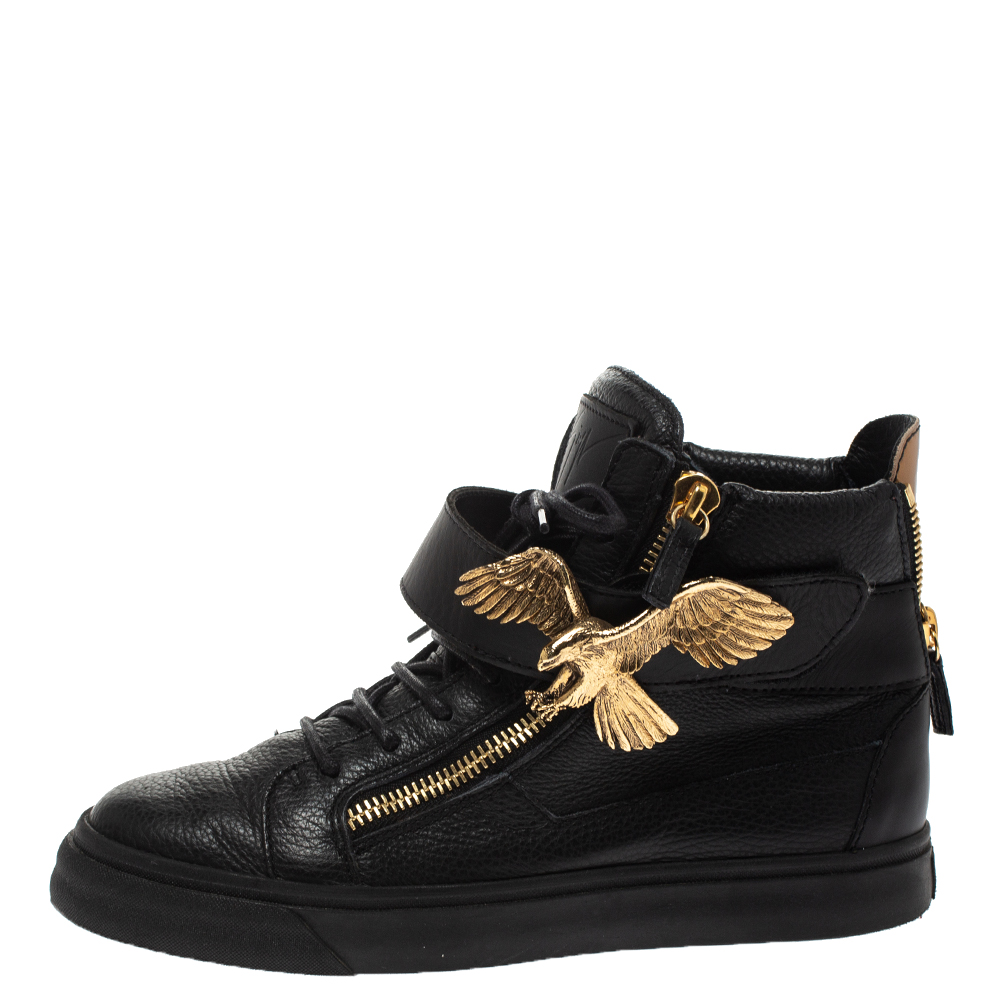 

Giuseppe Zanotti Black Leather Eagle High Top Sneakers Size