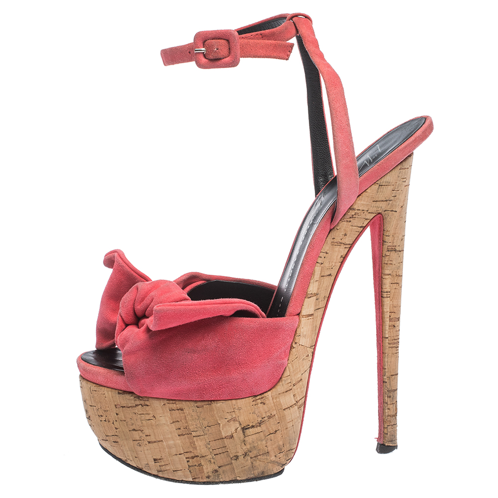 

Giuseppe Zanotti Pink Suede Cork Heel Platform Denny Ankle Strap Sandals Size