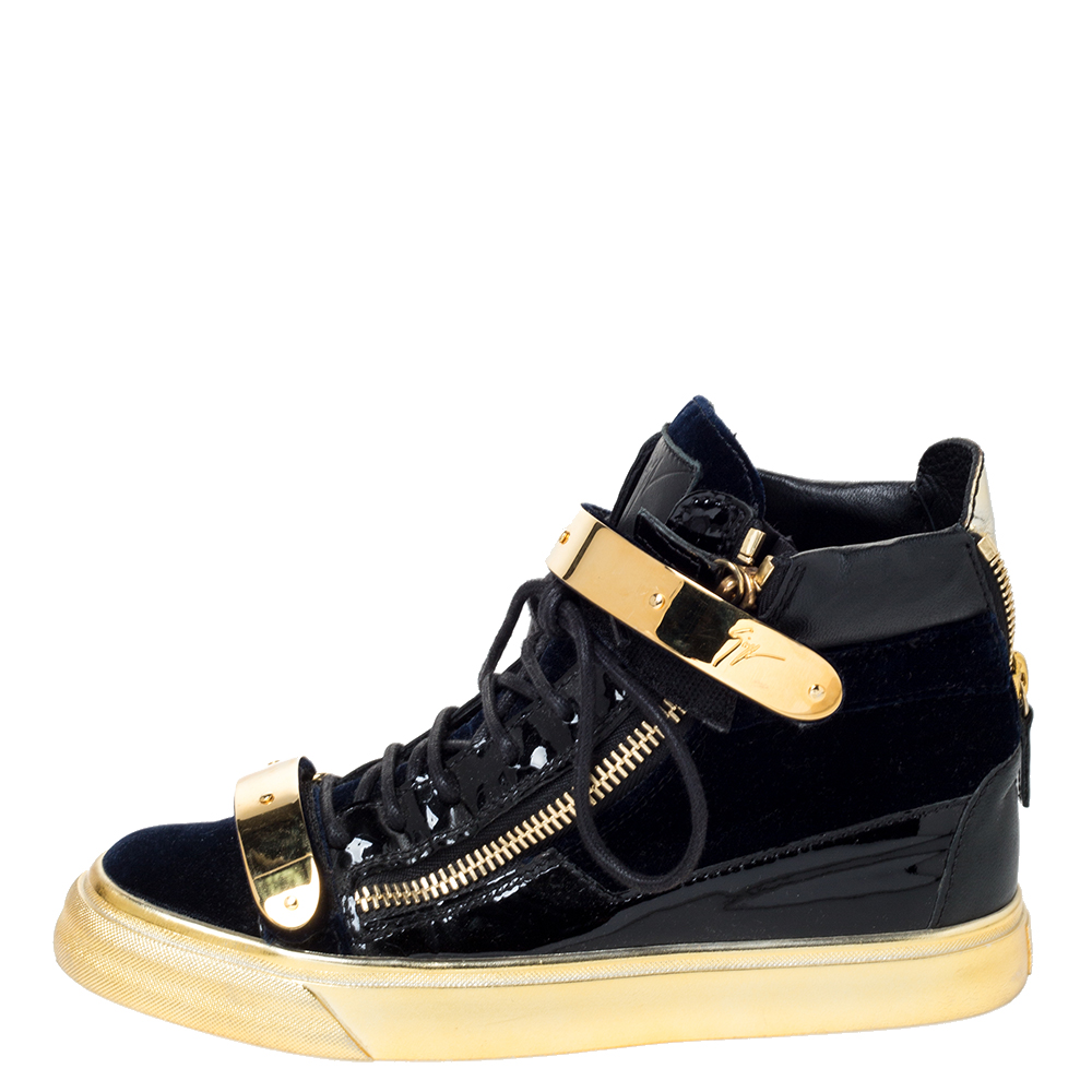 

Giuseppe Zanotti Blue/Gold Velvet and Leather Coby High Top Sneakers Size