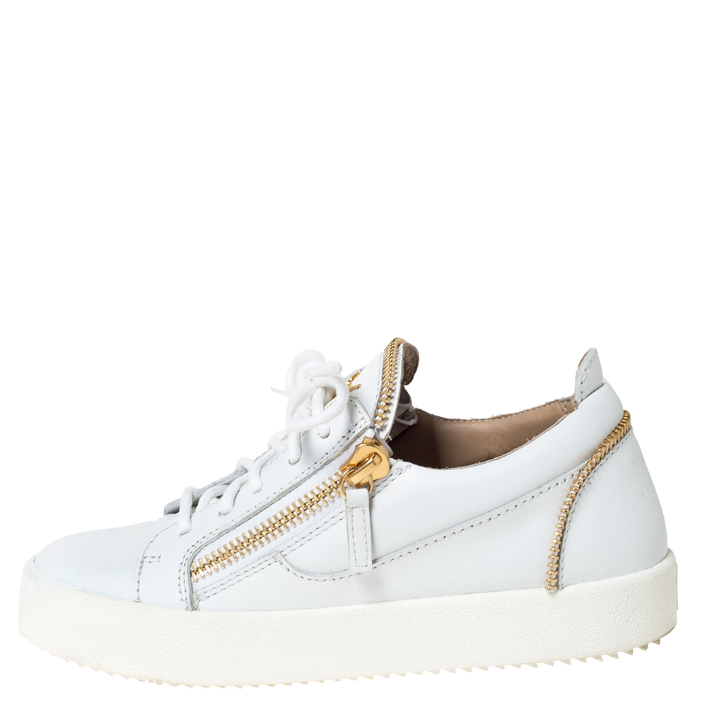 

Giuseppe Zanotti White Leather May London Double Zip Low Top Platform Sneakers Size