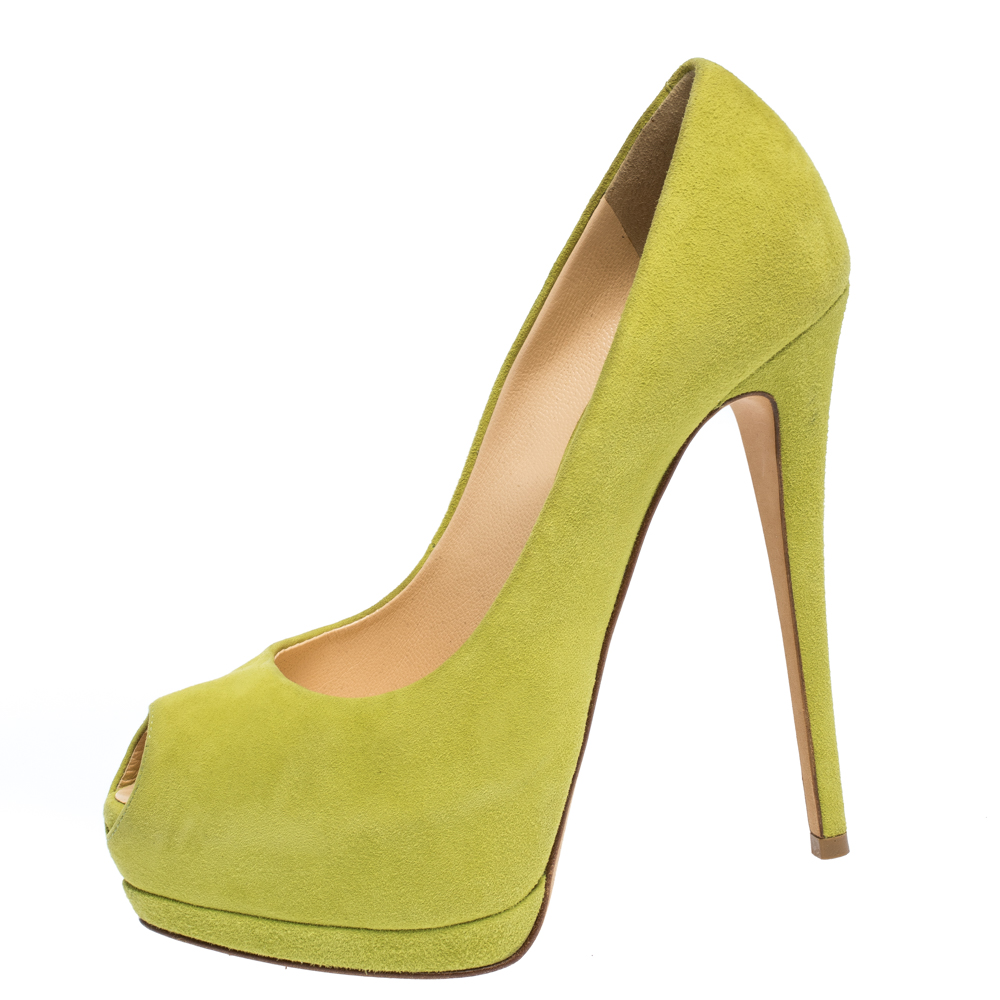 

Giuseppe Zanotti Lime Green Suede Sharon Peep Toe Platform Pumps Size