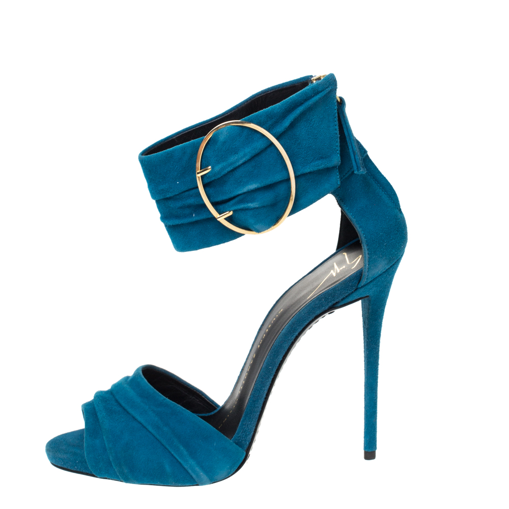

Giuseppe Zanotti Blue Ruched Suede Open Toe Ankle Cuff Sandals Size