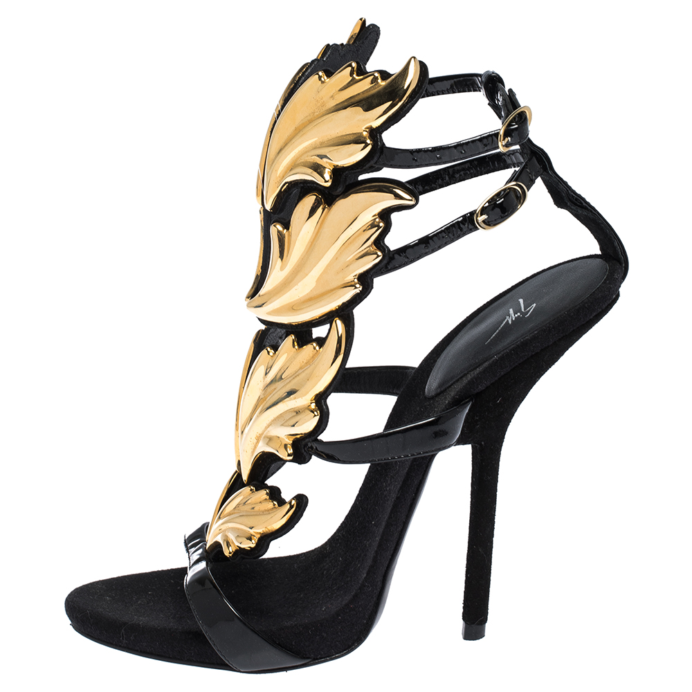 

Giuseppe Zanotti Black/Gold Leather and Suede Cruel Summer Sandals Size
