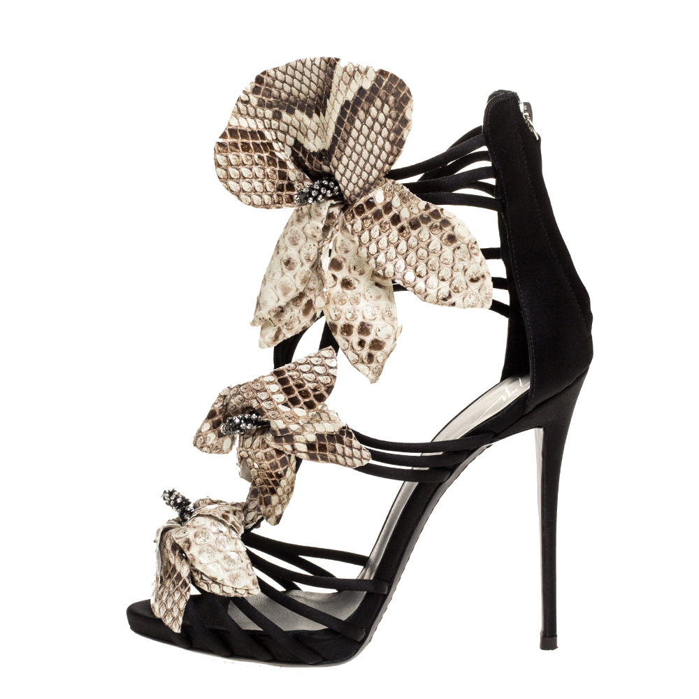 

Giuseppe Zanotti Black Satin And Embossed Snakeskin Strappy Sandals Size