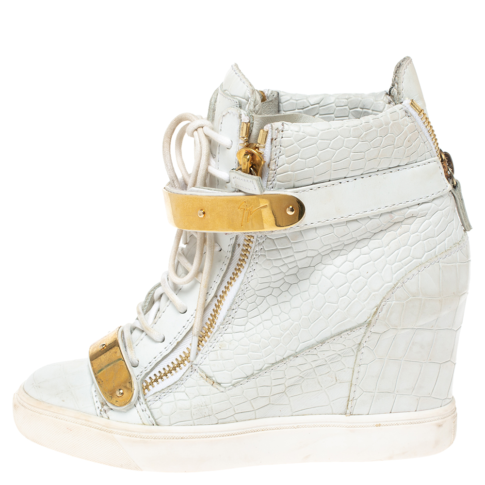 

Giuseppe Zanotti White Croc Embossed Leather Lorenz Wedge High Top Sneakers Size