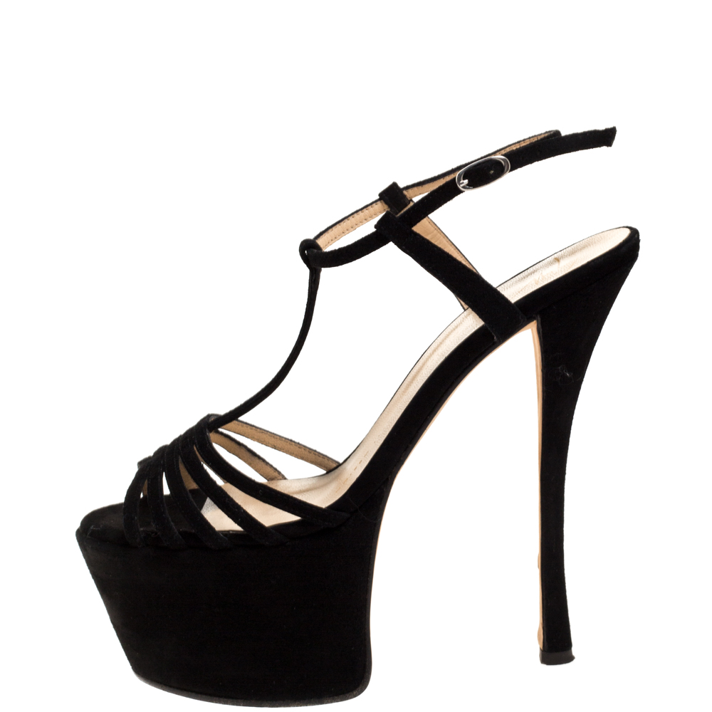 

Giuseppe Zanotti Black Suede Leather T-Strap Platform Sandals Size