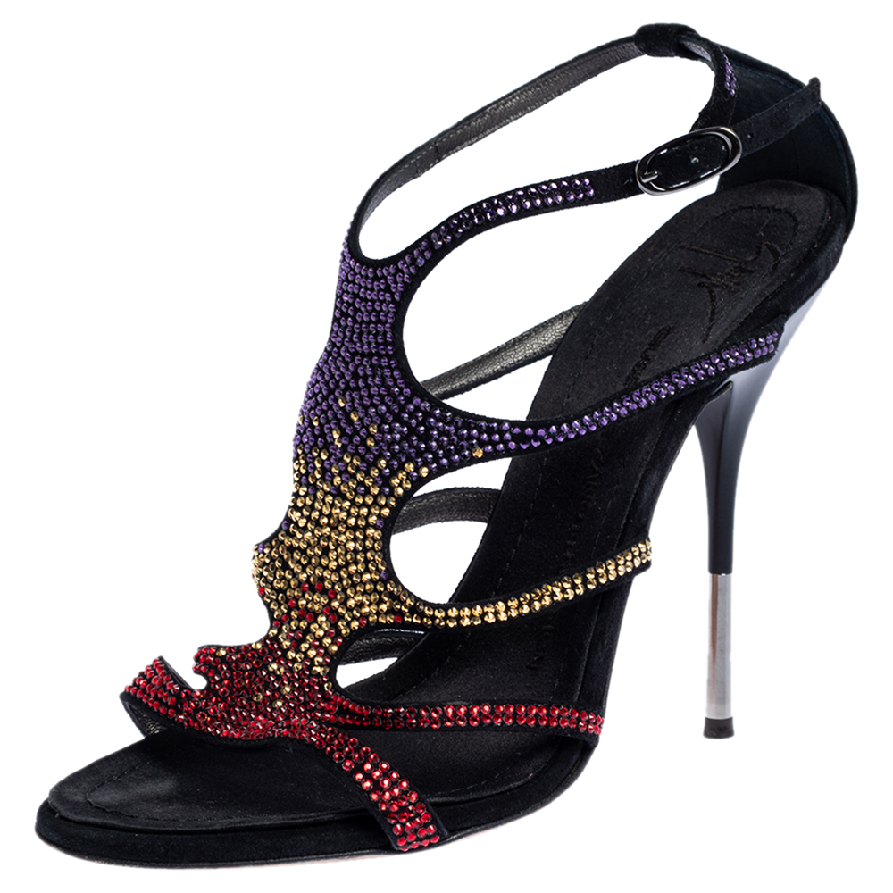 

Giuseppe Zanotti Black Multicolor Crystal Embellished Suede Cut Out Sandals Size