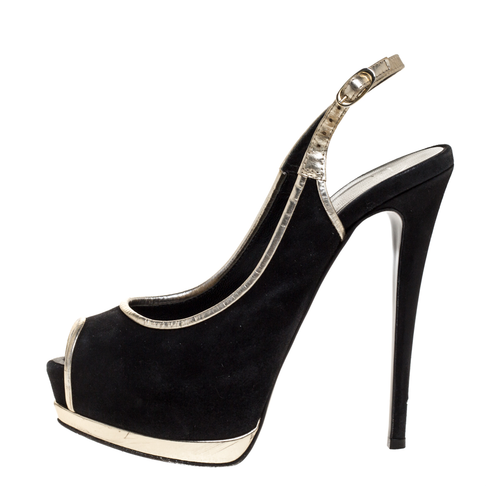 

Guiseppe Zannotti Black Suede And Silver Leather Trim Peep Toe Slingback Platform Sandals Size