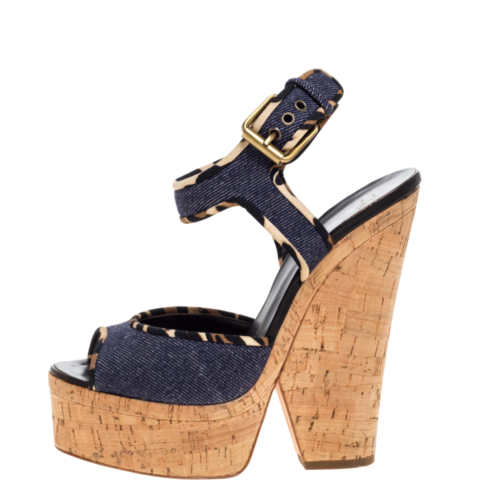 

Giuseppe Zanotti Dark Wash Denim Cork Heel Platform Wedge Sandals Size, Blue