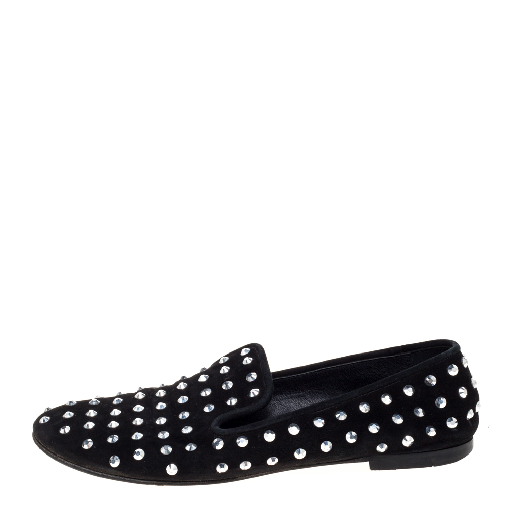 

Giuseppe Zanotti Black Suede Crystal Studded Smoking Slippers Size