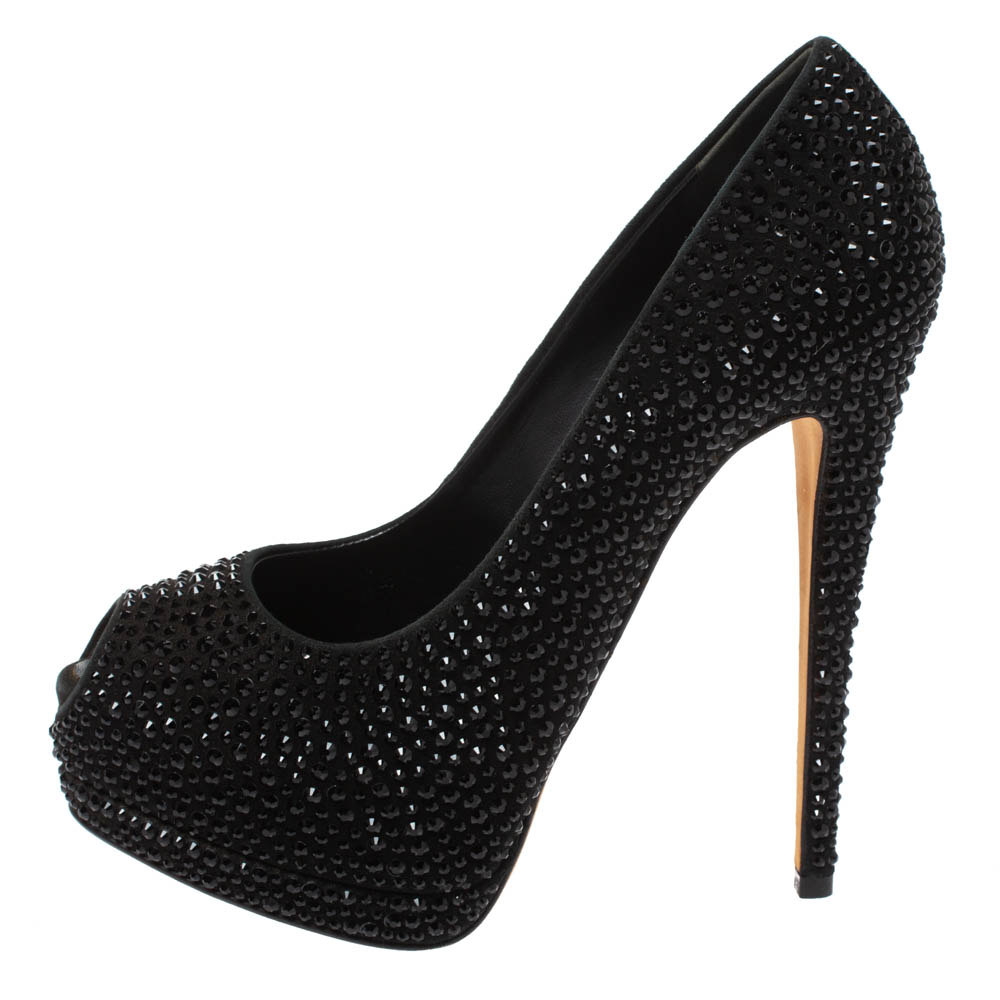 

Giuseppe Zanotti Black Crystal Embellished Peep Toe Platform Pumps Size