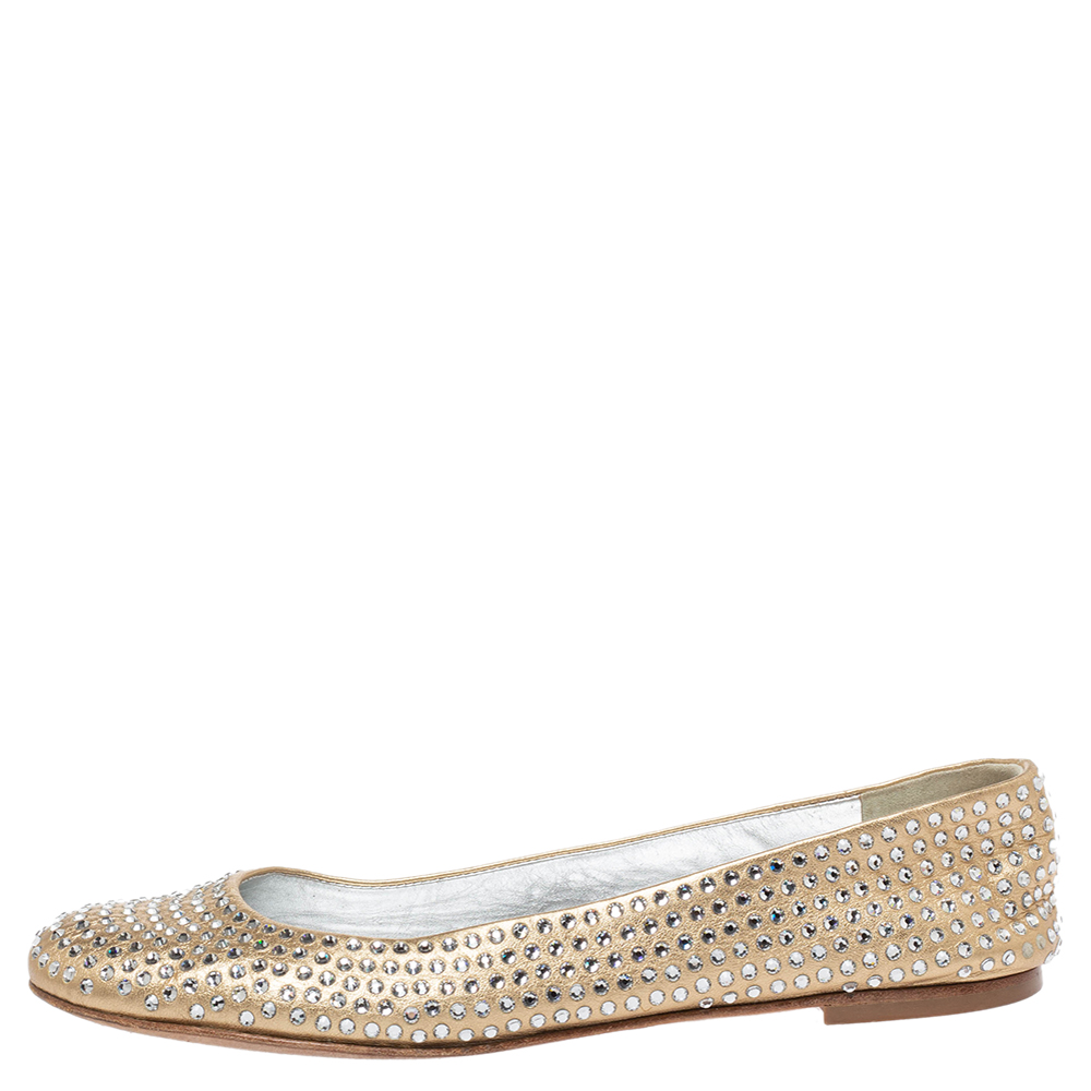 

Giuseppe Zanotti Gold Leather Crystal Embellished Ballet Flats Size