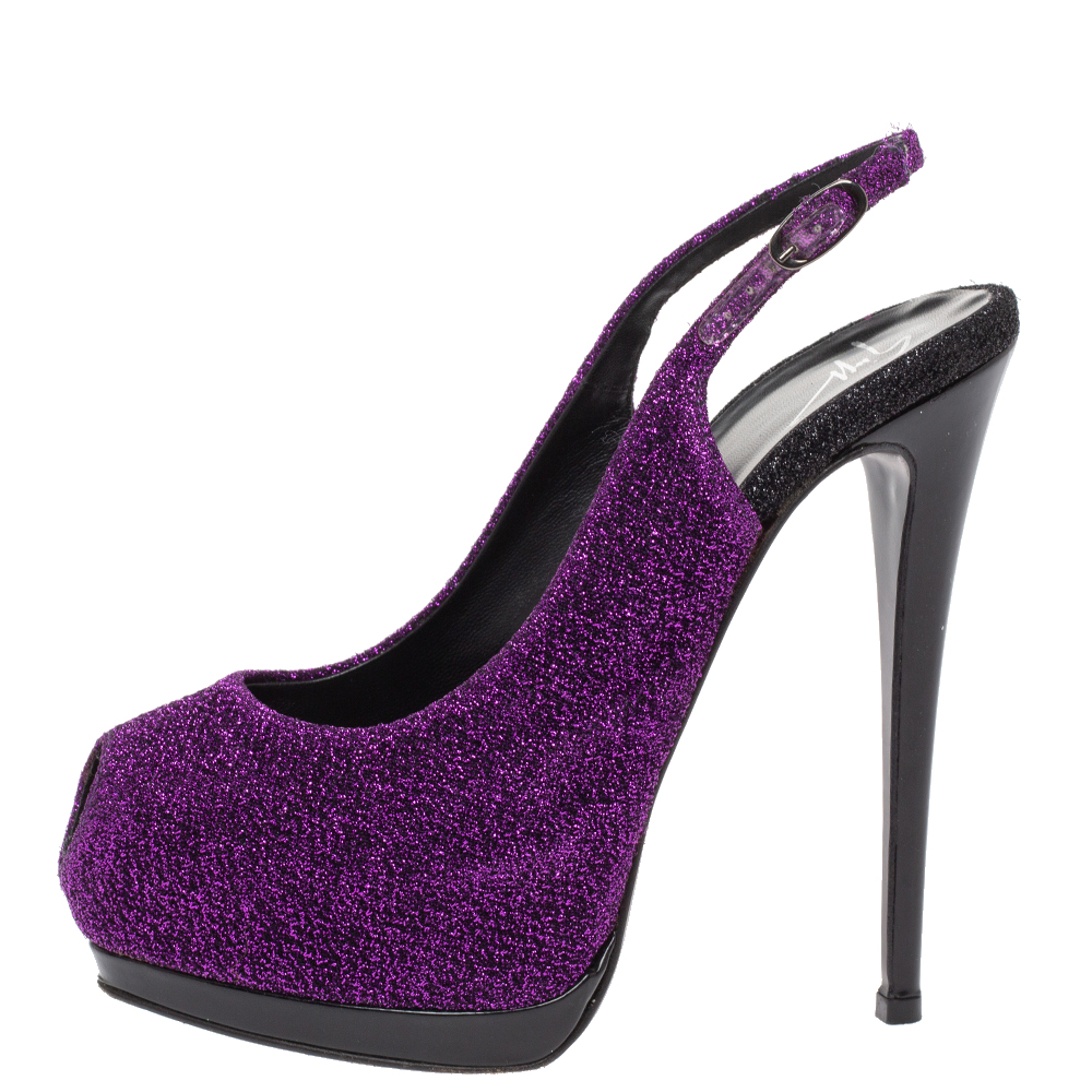 

Giuseppe Zanotti Purple Glitter Lurex Fabric And Black Patent Leather Peep Toe Platform Slingback Sandals Size