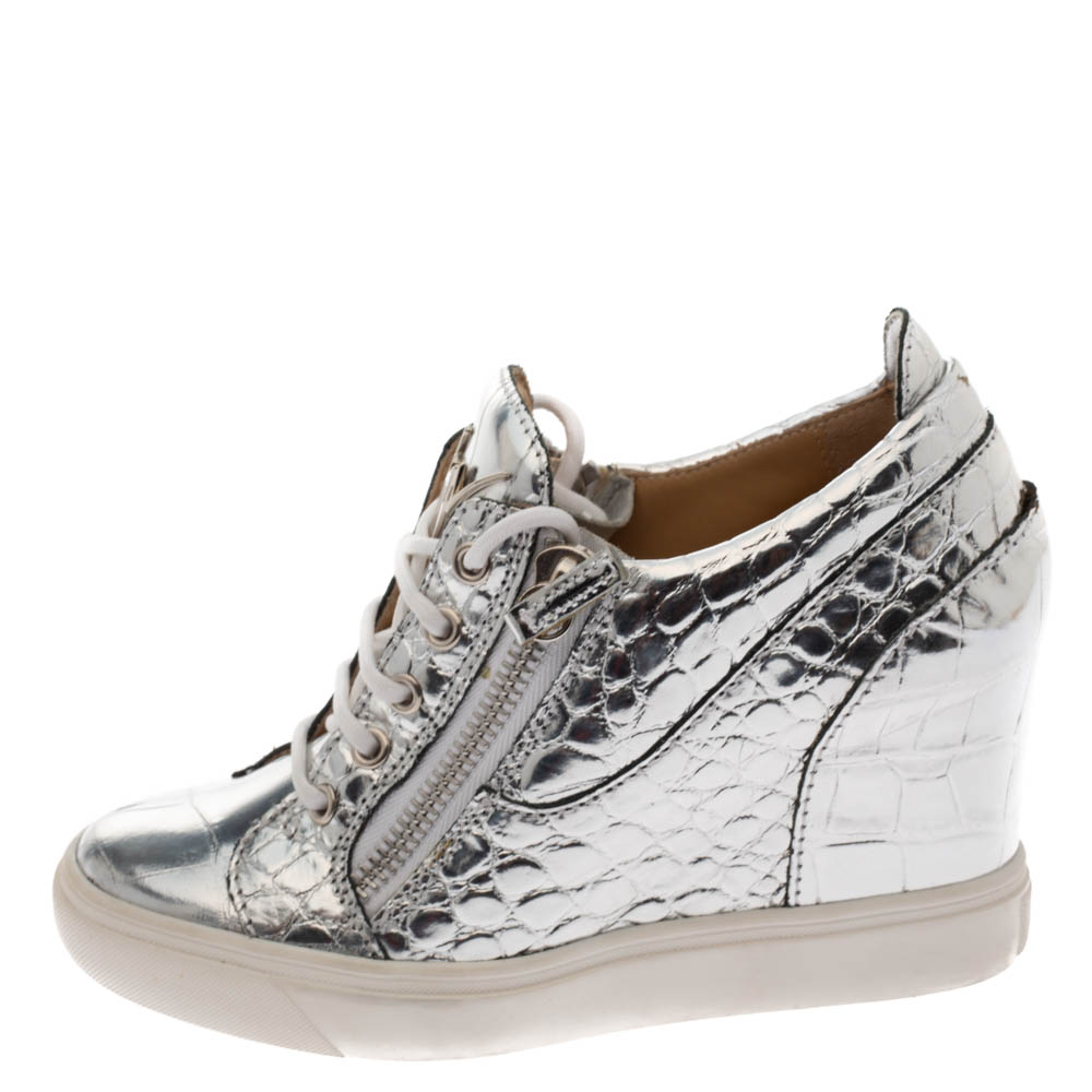 

Giuseppe Zanotti Metallic Silver Croc Embossed Leather Double Zip Wedge Sneakers Size
