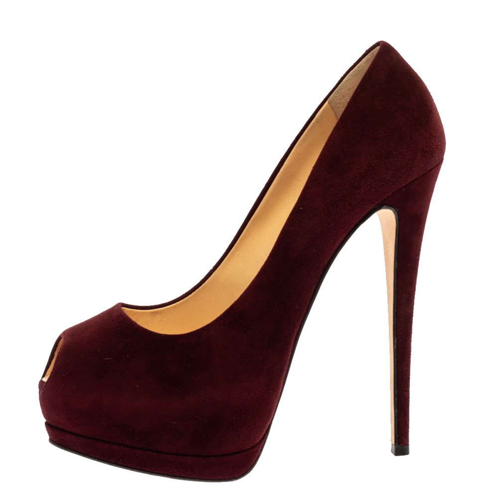 

Giuseppe Zanotti Burgundy Suede Leather Peep Toe Platform Pumps Size