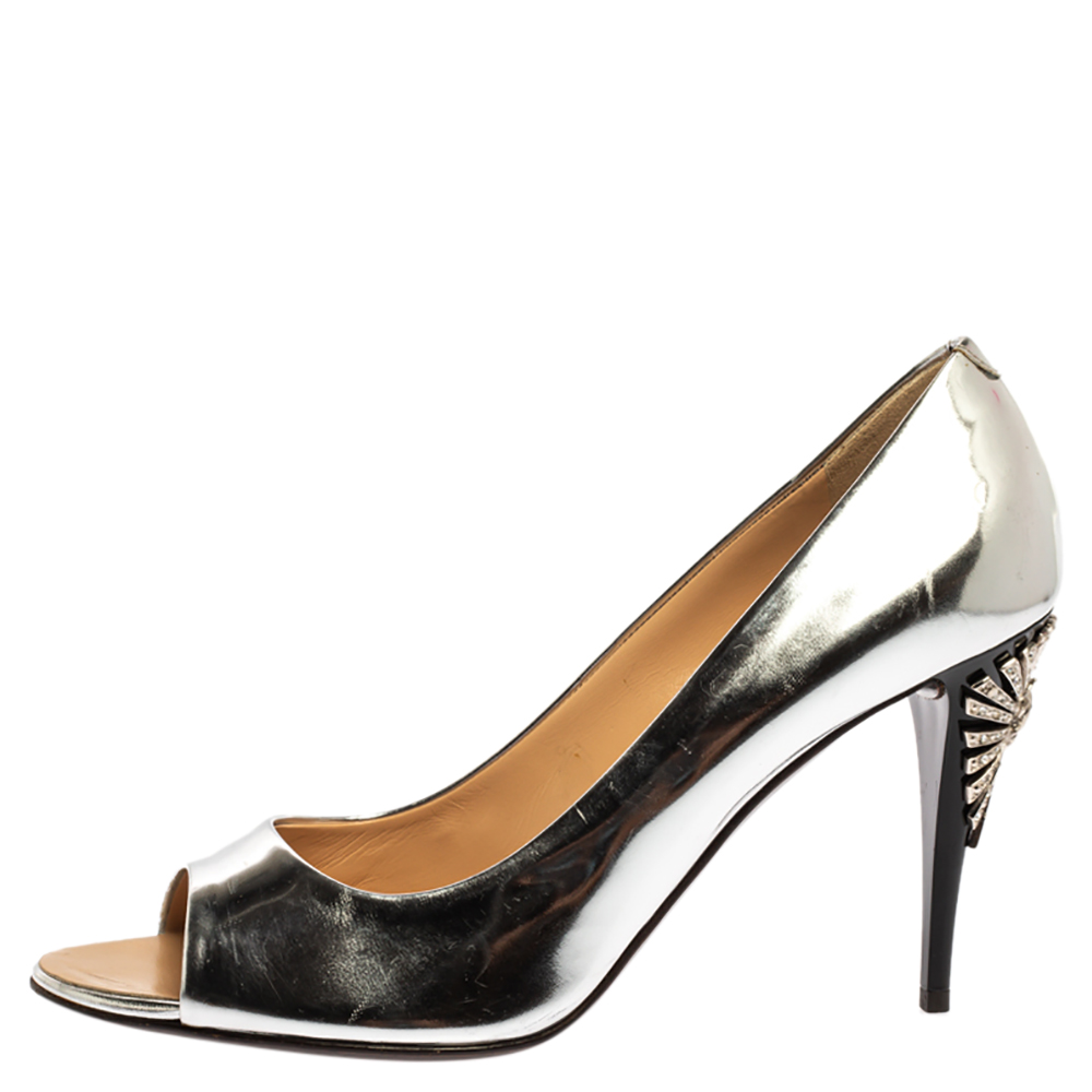 

Giuseppe Zanotti Metallic Silver Leather Embellished Heel Open Toe Pumps Size