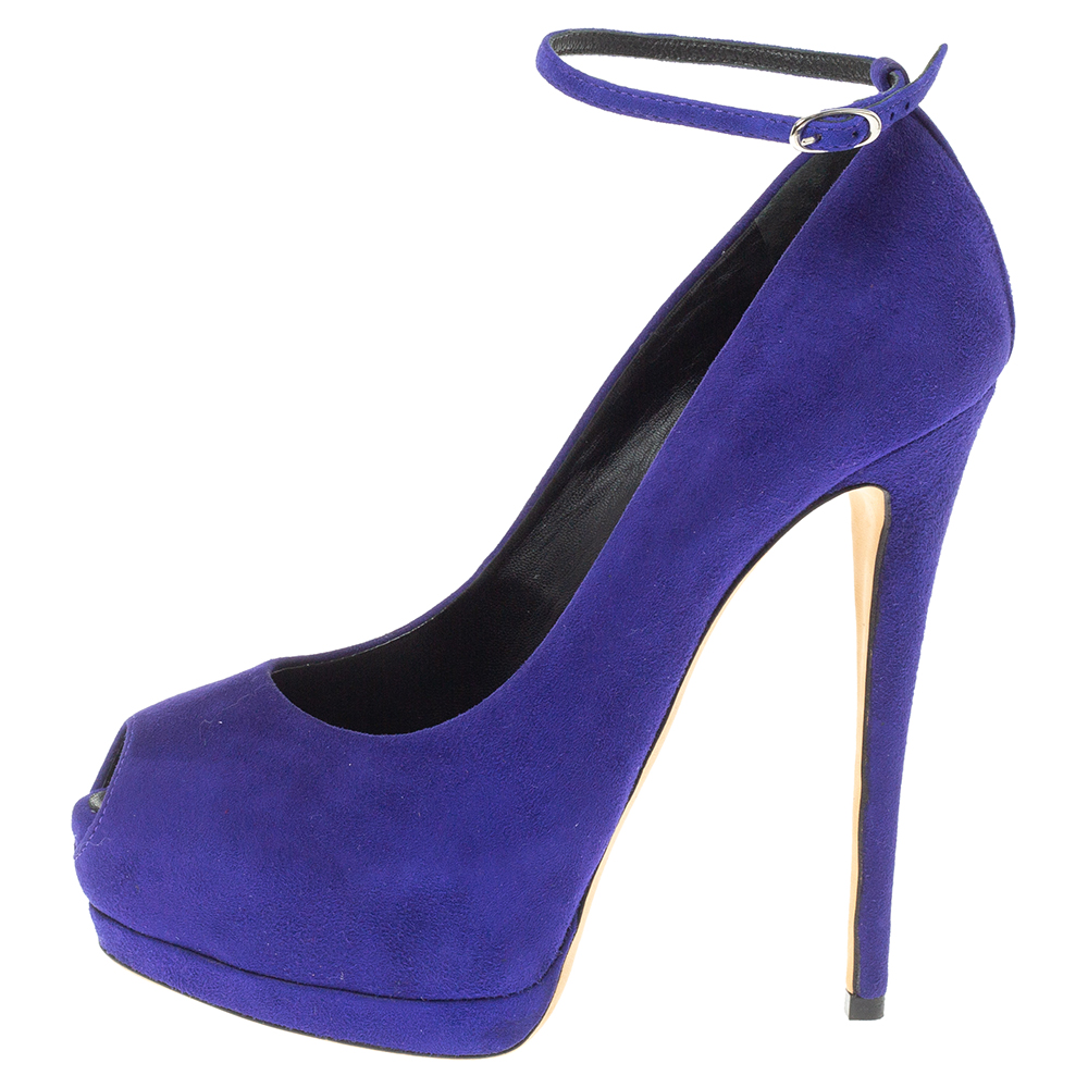 

Giuseppe Zanotti Blue Suede Ankle Strap Peep Toe Platform Pumps Size