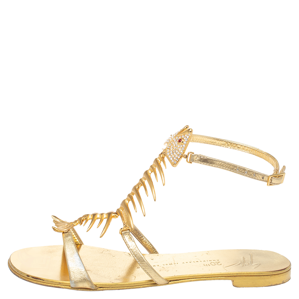 

Giuseppe Zanotti Gold Leather Fishbone Embellished Ankle Strap Sandals Size