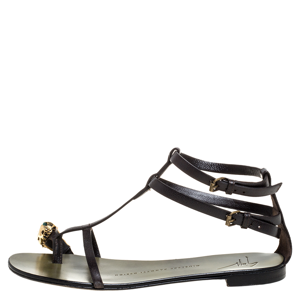 

Giuseppe Zanotti Green Leather Lion Embellished Ankle Strap Flats Size