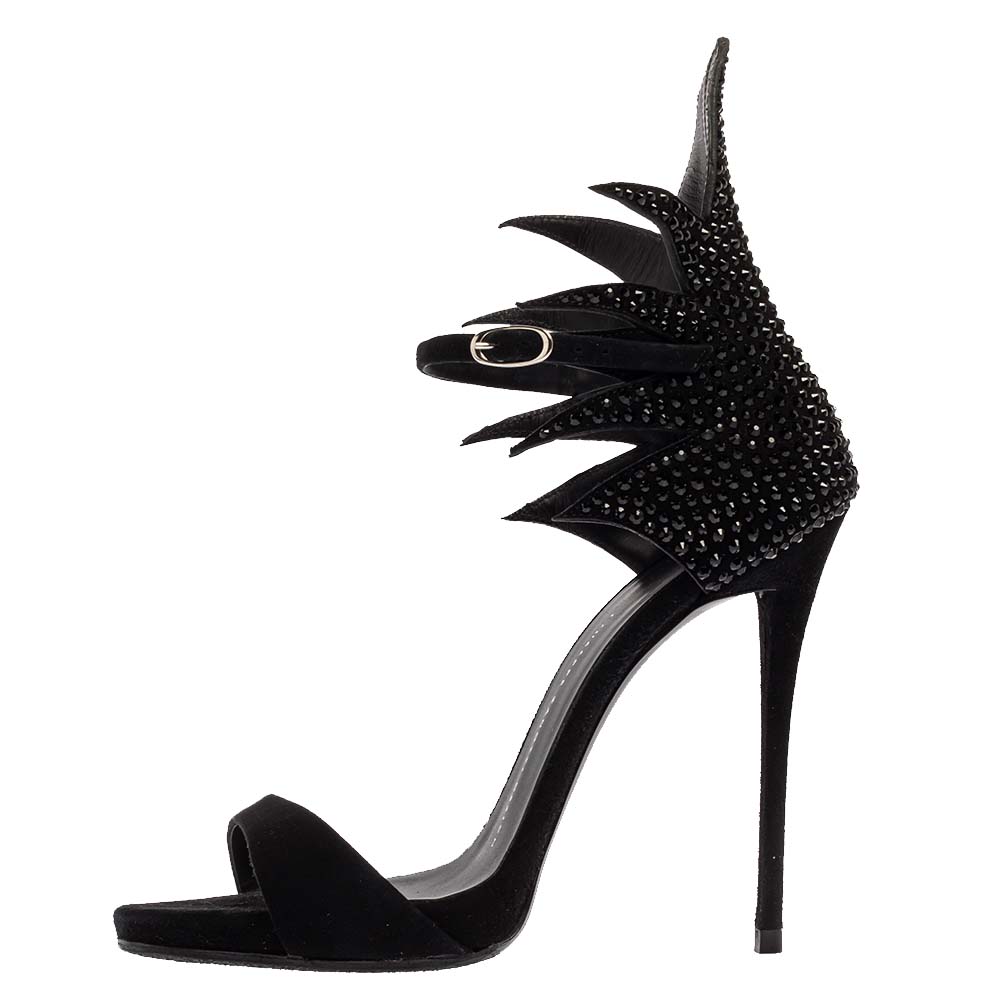

Giuseppe Zanotti Black Suede Coline Embellished Open Toe Sandals Size