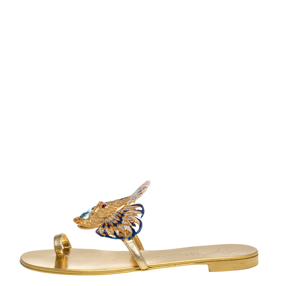 

Giuseppe Zanotti Gold Fish Embellished Toe Ring Flats Size