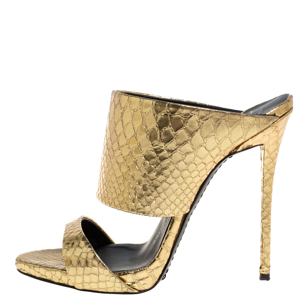 

Giuseppe Zanotti Metallic Gold Snakeskin Effect Leather Andrea Mules Size
