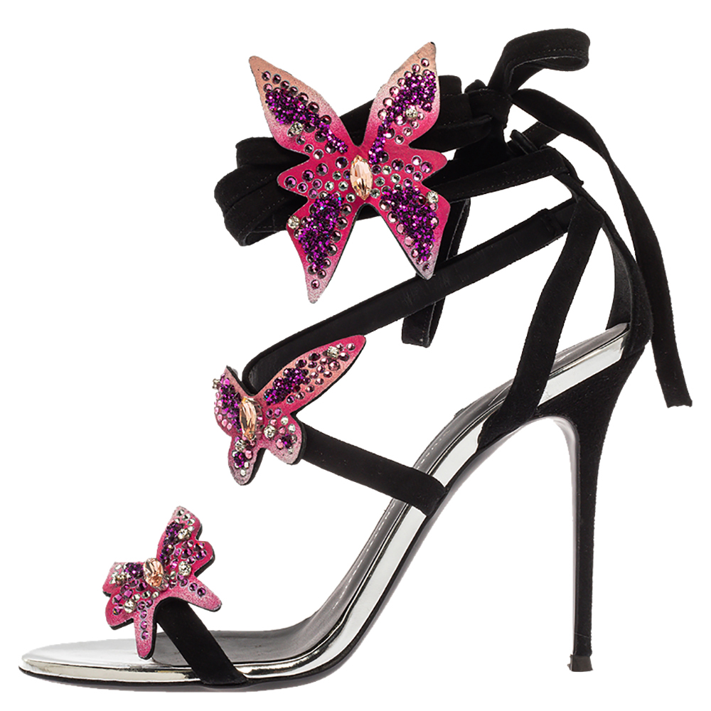 

Giuseppe Zanotti Black Suede Mistico Butterfly Wrap Up Sandals Size
