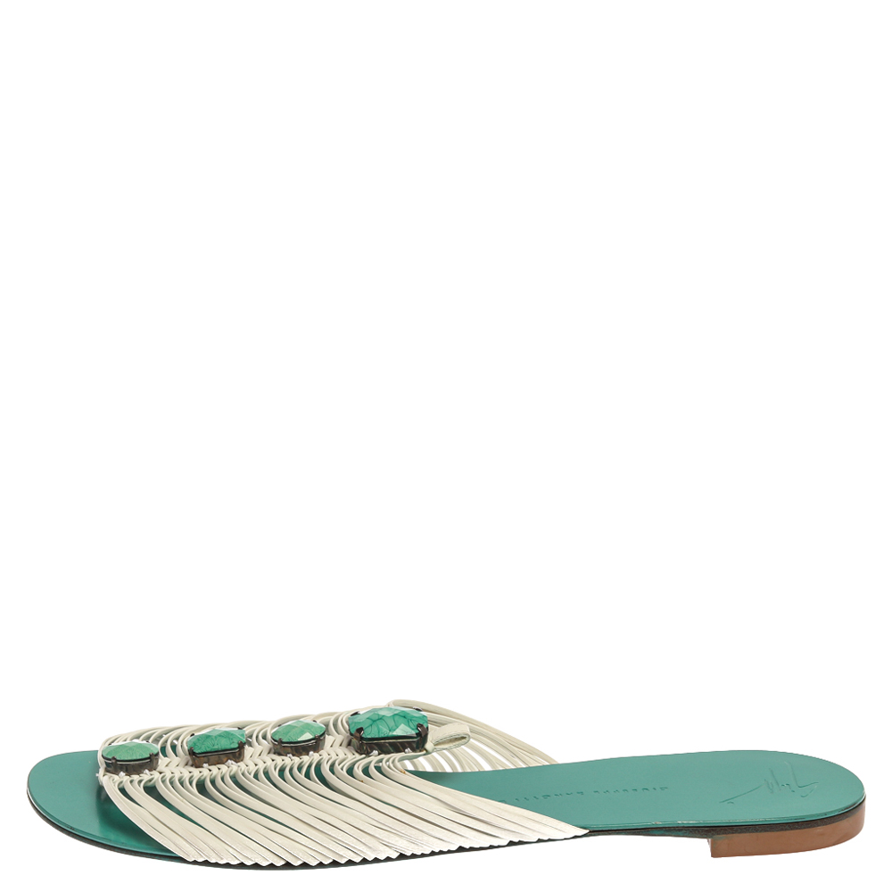 

Giuseppe Zanotti Blue Leather Crystal Embellished Flats Size