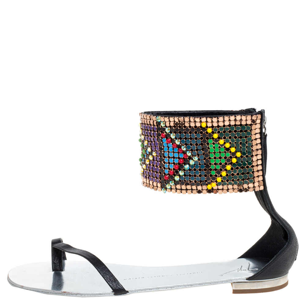 

Giuseppe Zanotti Multicolor Beads and Leather Ankle Wrap Flat Sandals Size