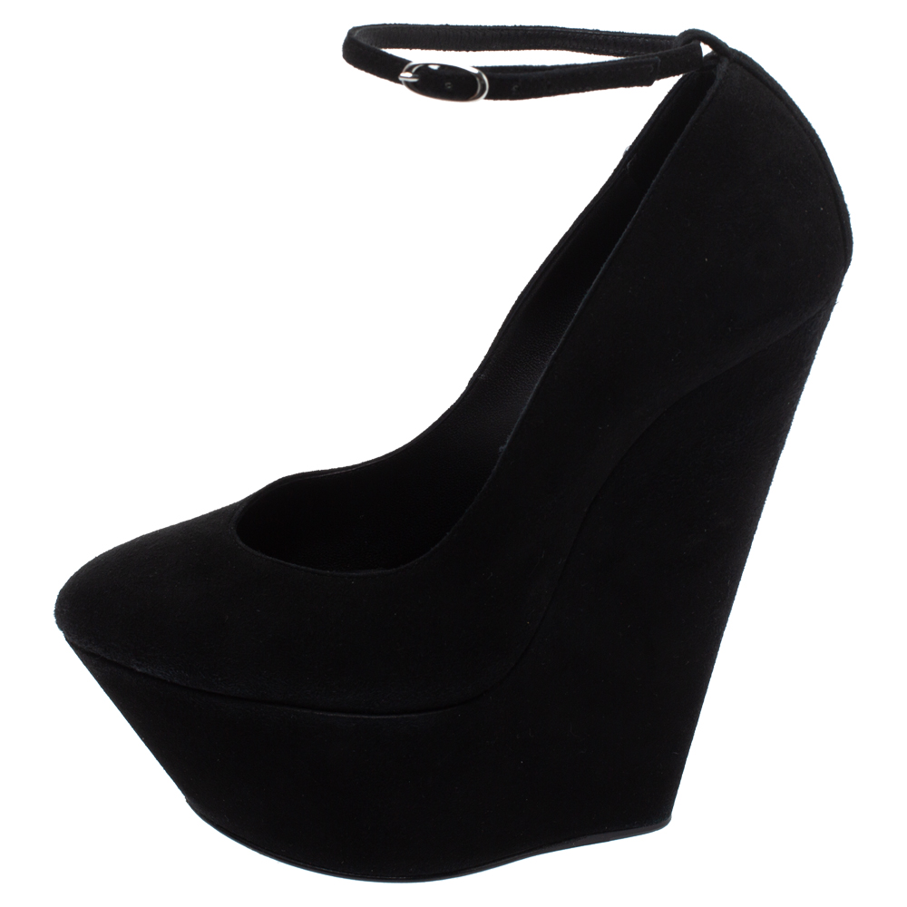 

Giuseppe Zanotti Black Suede Ankle Strap Platform Wedge Pumps Size