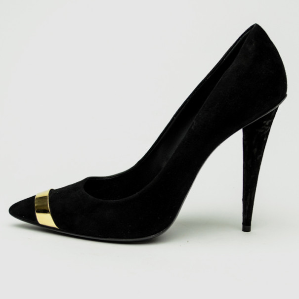 

Giuseppe Zanotti Black Suede Pointed Toe Pumps With Gold Panel Size
