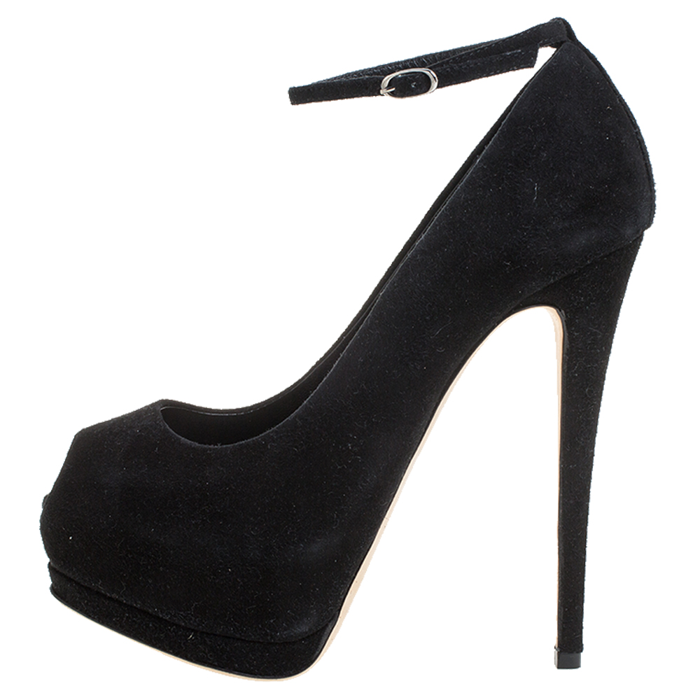 

Giuseppe Zanotti Black Suede Peep Toe Ankle Strap Platform Pumps Size