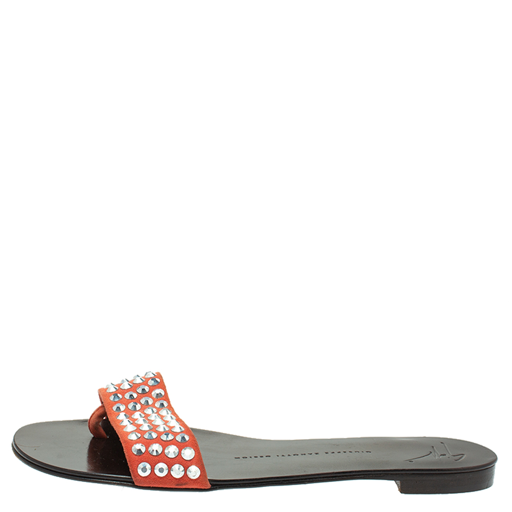 

Giuseppe Zanotti Orange/Brown Suede Crystal Embellished Slip on Flats Size