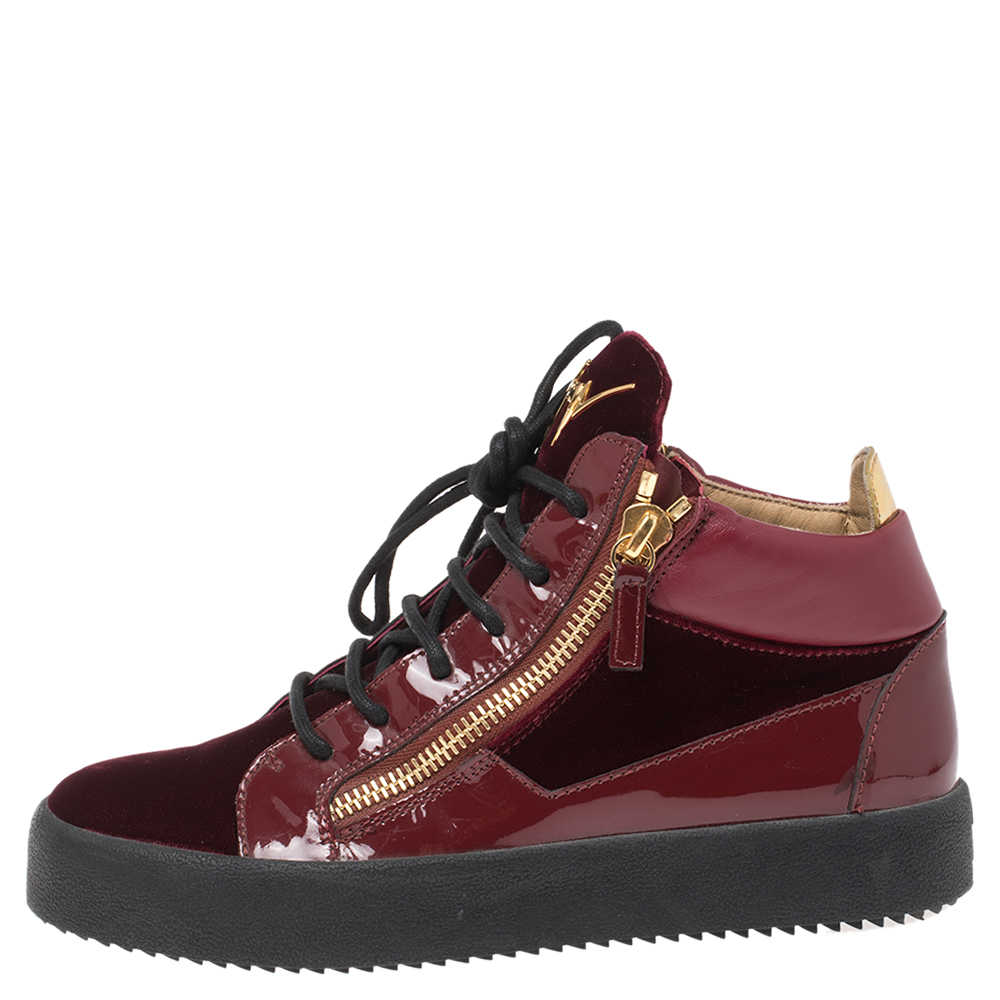 

Giuseppe Zanotti Burgundy Velvet and Patent Leather Kriss Hi-Top Sneakers Size