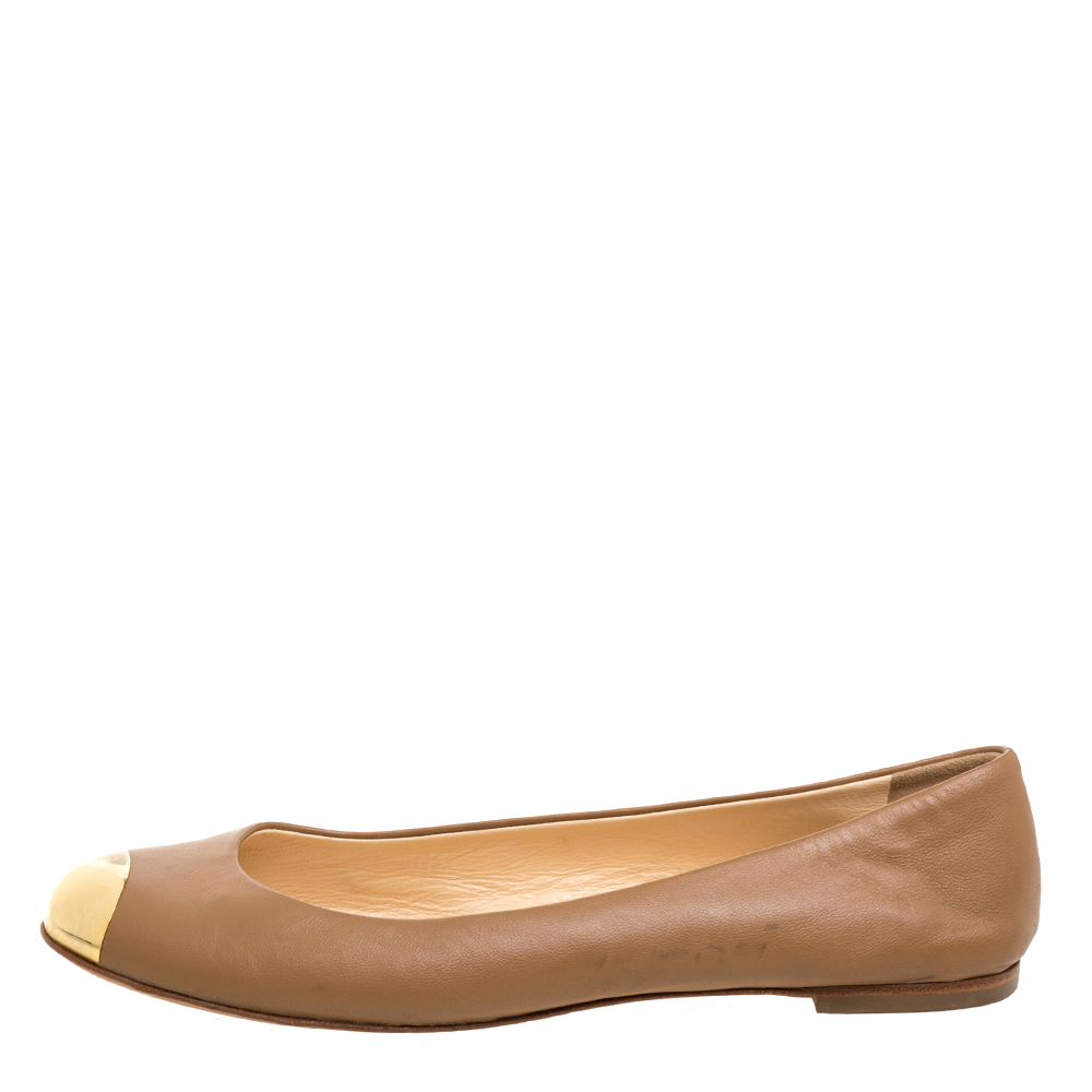 

Giuseppe Zanotti Light Brown Leather Cap Toe Ballet Flats Size