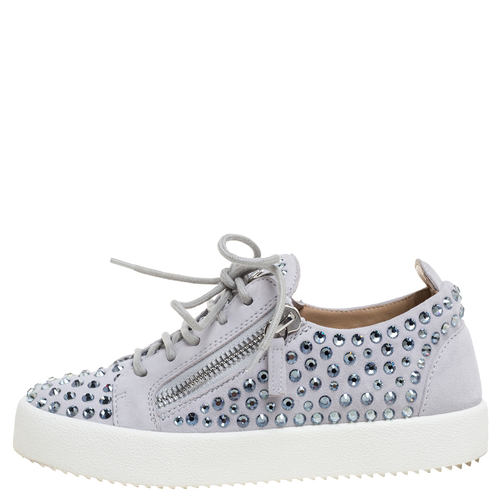 

Giuseppe Zanotti Grey Suede Crystal Embellished Doris Sneakers Size