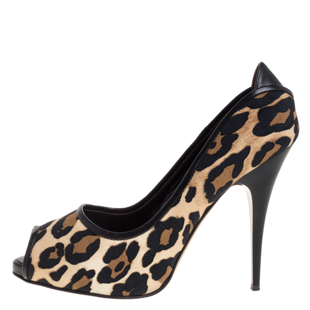

Giuseppe Zanotti Leopard Print Canvas and Leather Peep Toe Pumps Size, Beige