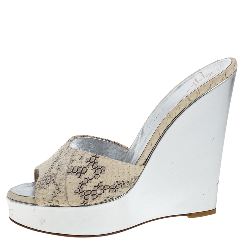 

Giuseppe Zanotti Beige Python Embossed Leather Wedge Platform Sandals Size