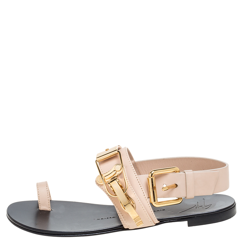 

Giuseppe Zanotti Beige Leather Toe Ring Buckle Slingback Flats Size