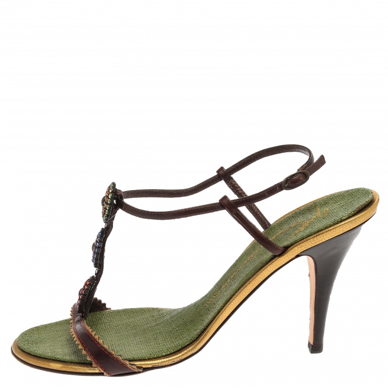 

Giuseppe Zanotti x Vicini Dark Brown/Green Leather Jewel Embellished Ankle Strap Sandals Size