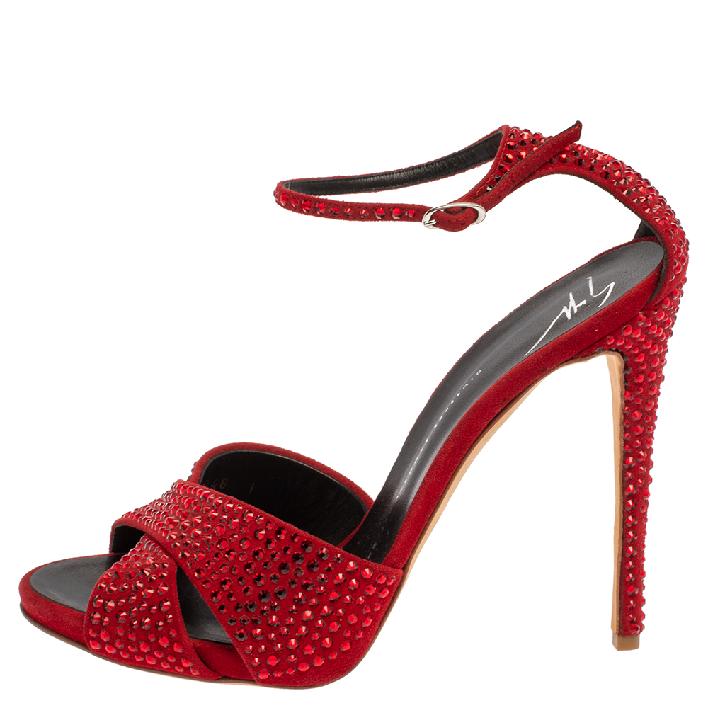 

Giuseppe Zanotti Red Suede Crystal Embellished Ankle Strap Sandals Size