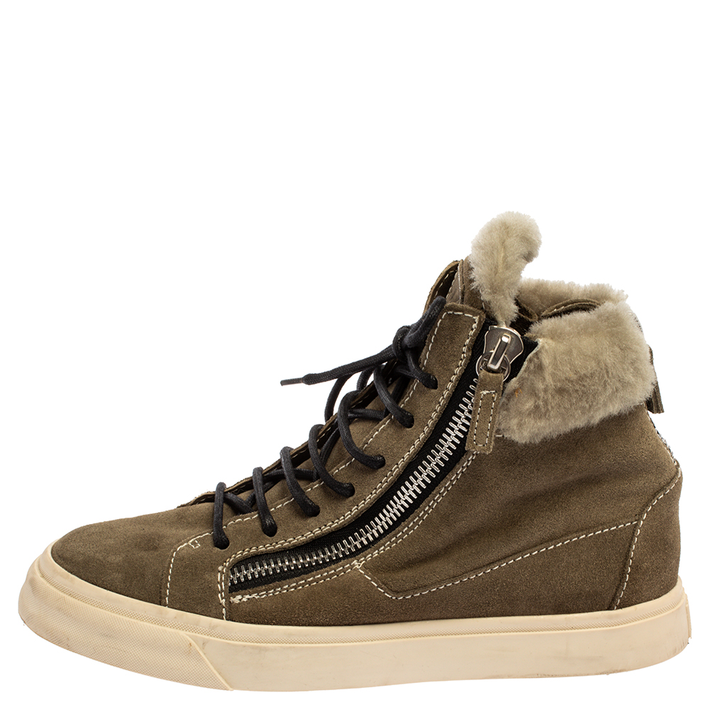 

Giuseppe Zanotti Olive Green Suede Leather And Shearling Trim Double Zipper High Top Sneakers Size